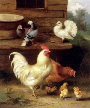 Hunt Edgar 1870 1955 Une poule de coq et des poussins avec des pigeons Peinture à l'huile